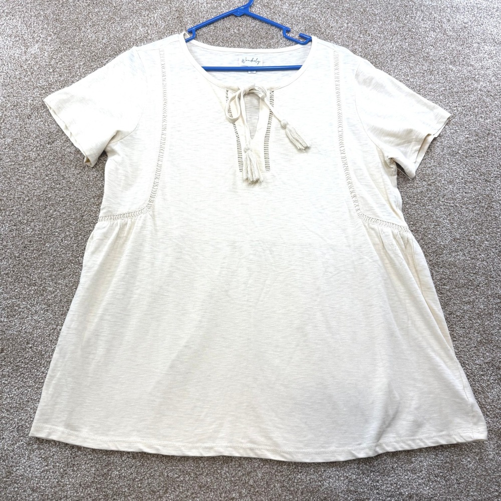 Wonderly Womens Medium Cream Babydoll Tassel Tie Top Ladder Lace Boho Peasant